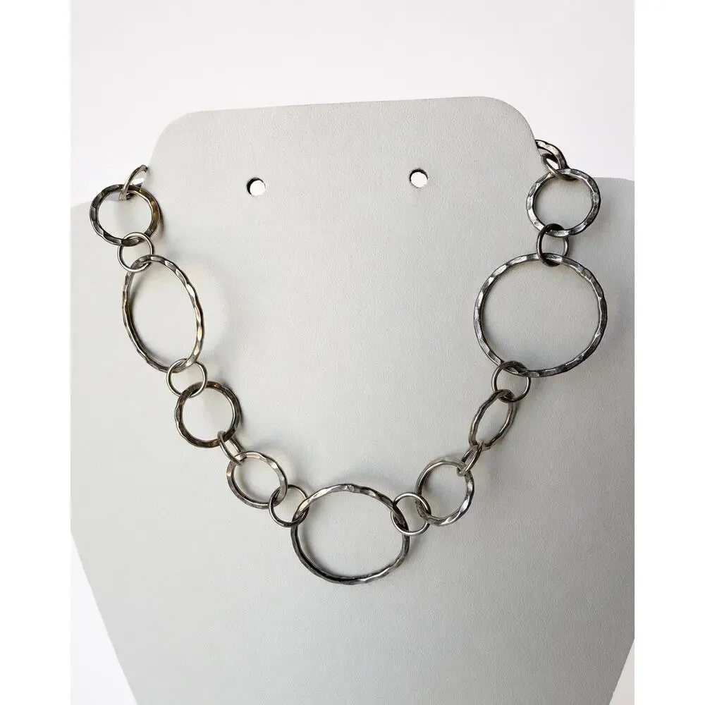 Sterling Silver 925 Hammered Circle Link Choker Necklace 15” Artisan Modernist